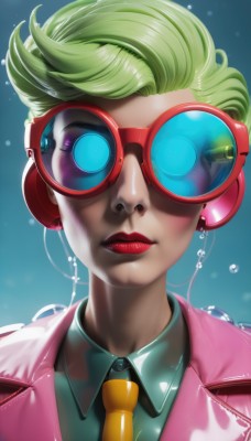 1girl,solo,looking at viewer,short hair,blue eyes,shirt,jewelry,closed mouth,jacket,upper body,earrings,parted lips,green hair,necktie,shiny,collared shirt,artist name,vest,lips,makeup,headphones,blue background,formal,lipstick,goggles,portrait,bubble,realistic,nose,red lips,pink jacket,tinted eyewear,yellow necktie,signature,suit