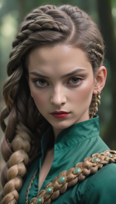 1girl,solo,long hair,looking at viewer,brown hair,shirt,hair ornament,brown eyes,jewelry,closed mouth,upper body,braid,multicolored hair,earrings,artist name,necklace,blurry,lips,eyelashes,single braid,makeup,depth of field,blurry background,lipstick,gem,portrait,hair over shoulder,close-up,eyeshadow,freckles,realistic,nose,green shirt,red lips,eyeliner,hair pulled back,braided bangs,mascara,aqua shirt,multiple braids,mole on cheek,dress,forehead