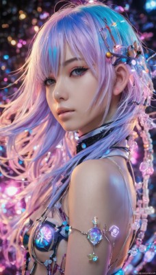 1girl,solo,long hair,breasts,looking at viewer,bangs,blue eyes,hair ornament,bare shoulders,jewelry,blue hair,upper body,pink hair,multicolored hair,small breasts,parted lips,artist name,signature,blurry,black eyes,from side,lips,grey eyes,eyelashes,blurry background,watermark,gem,revealing clothes,armlet,realistic,nose,closed mouth,purple hair,gradient hair,makeup,web address,light particles,bokeh