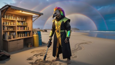 solo,gloves,1boy,holding,jewelry,standing,weapon,purple hair,male focus,multicolored hair,earrings,outdoors,sky,barefoot,day,cloud,fingerless gloves,holding weapon,coat,gun,mask,bottle,sand,rainbow,jar,gas mask,crate,rainbow hair,pink hair,green hair,cloudy sky,furry male,beak