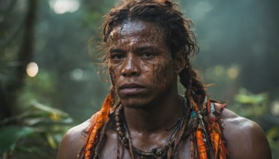 solo,long hair,looking at viewer,brown hair,black hair,1boy,bare shoulders,jewelry,closed mouth,upper body,braid,male focus,outdoors,day,dark skin,necklace,blurry,black eyes,lips,wet,depth of field,blurry background,facial hair,dark-skinned male,messy hair,portrait,beard,realistic,nose,dreadlocks,tribal,tooth necklace,1girl,hair ornament,twin braids,scar,sunlight,facepaint,dirty