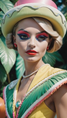 1girl,solo,breasts,looking at viewer,smile,short hair,blonde hair,hat,jewelry,closed mouth,upper body,earrings,parted lips,sleeveless,artist name,necklace,hair bun,blurry,lips,grey eyes,eyelashes,makeup,blurry background,leaf,feathers,lipstick,gem,eyeshadow,beads,realistic,red lips,eyeliner,pearl necklace,mascara,blue eyes,brown eyes,green eyes,facepaint