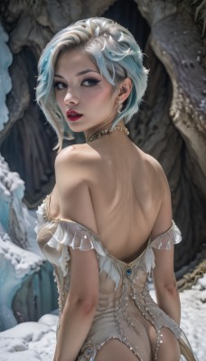 1girl,solo,breasts,looking at viewer,blush,short hair,blue eyes,blonde hair,hair ornament,dress,bare shoulders,jewelry,medium breasts,blue hair,ass,white hair,multicolored hair,earrings,parted lips,looking back,necklace,off shoulder,from behind,blurry,leotard,lips,see-through,makeup,blurry background,back,lipstick,snow,eyeshadow,freckles,realistic,white leotard,red lips,brown eyes,teeth