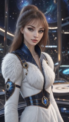 1girl,solo,long hair,breasts,looking at viewer,brown hair,long sleeves,dress,brown eyes,jewelry,closed mouth,upper body,ponytail,white dress,blurry,lips,coat,fur trim,makeup,blurry background,brooch,gem,realistic,nose,white coat,bangs,medium breasts,standing,earrings,artist name,grey eyes,eyelashes,depth of field,eyeshadow,freckles