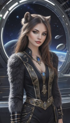 1girl,solo,long hair,breasts,looking at viewer,brown hair,long sleeves,animal ears,cleavage,brown eyes,jewelry,medium breasts,closed mouth,standing,cowboy shot,earrings,belt,pants,cat ears,necklace,lips,fur trim,makeup,black pants,lipstick,gem,pendant,realistic,nose,red lips,space,lion ears,planet,earth (planet),wolf ears,extra ears