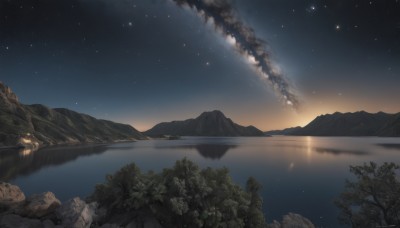 outdoors,sky,cloud,signature,water,tree,no humans,night,star (sky),nature,night sky,scenery,forest,smoke,starry sky,reflection,mountain,river,landscape,lake,star (symbol),ocean,lantern,rock,shore,milky way