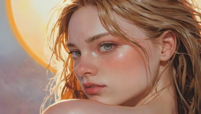 1girl,solo,long hair,looking at viewer,blue eyes,blonde hair,brown hair,bare shoulders,parted lips,looking back,blurry,lips,grey eyes,eyelashes,portrait,close-up,freckles,realistic,nose,green eyes,shiny,thick eyebrows,backlighting