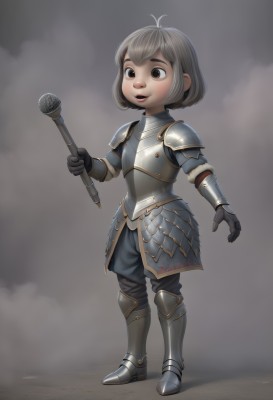 1girl,solo,smile,short hair,open mouth,gloves,holding,brown eyes,standing,full body,weapon,grey hair,boots,parted lips,armor,black eyes,shoulder armor,gauntlets,child,microphone,pauldrons,breastplate,vambraces,female child,armored boots,greaves,faulds,plate armor,brown hair,teeth,sword,knight,full armor,chainmail