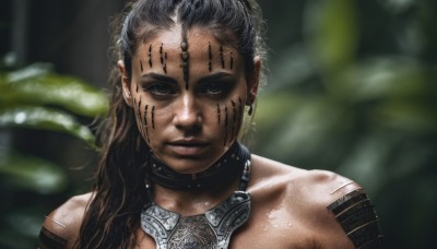 1girl,solo,long hair,looking at viewer,brown hair,jewelry,earrings,parted lips,dark skin,blurry,black eyes,collar,lips,wet,tattoo,depth of field,blurry background,portrait,realistic,nose,dirty,tribal,black hair,collarbone,upper body,choker,necklace,armor,sunlight,nature,asymmetrical hair,facepaint