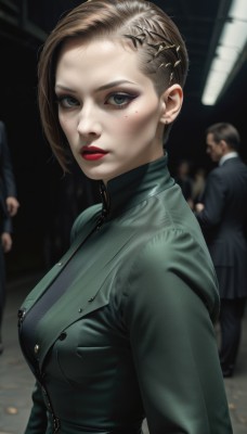 1girl,breasts,looking at viewer,short hair,blonde hair,brown hair,hair ornament,jewelry,green eyes,jacket,upper body,earrings,parted lips,multiple boys,solo focus,hairclip,mole,blurry,lips,coat,eyelashes,mole under eye,makeup,blurry background,lipstick,eyeshadow,freckles,asymmetrical hair,green jacket,realistic,red lips,stud earrings,eyeliner,mascara,medium breasts,artist name,indoors,bodysuit,formal,suit,zipper,nose,very short hair