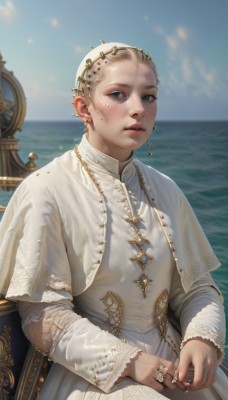 1girl,solo,looking at viewer,blush,short hair,blue eyes,blonde hair,long sleeves,dress,jewelry,sitting,earrings,outdoors,parted lips,sky,day,cloud,water,necklace,white dress,blurry,blue sky,lips,capelet,blurry background,ocean,ring,cross,gem,freckles,gold trim,realistic,nose,multiple rings,holding jewelry,white hair,piercing,ear piercing,robe,very short hair,mole on cheek