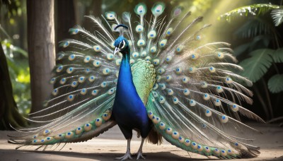 HQ,solo,looking at viewer,standing,full body,outdoors,day,blurry,tree,no humans,depth of field,blurry background,bird,animal,sunlight,feathers,plant,nature,forest,animal focus,talons,beak,artist name,leaf,scenery,blue feathers