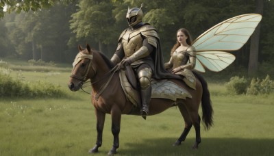 1girl,long hair,breasts,brown hair,1boy,dress,sitting,boots,outdoors,wings,day,cape,armor,tree,animal,helmet,grass,shoulder armor,gauntlets,nature,1other,forest,breastplate,fantasy,armored boots,riding,fairy,greaves,faulds,horse,knight,full armor,horseback riding,plate armor,reins,saddle,black hair,holding,brown eyes,antennae,fairy wings,vambraces,bush,helm,insect wings