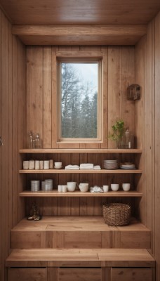 flower,day,indoors,tree,cup,no humans,window,table,bottle,plant,nature,scenery,plate,teacup,basket,teapot,saucer,shelf,vase,wooden wall,food,sky,snow,bowl,door,bare tree,flower pot