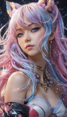 1girl,solo,long hair,breasts,looking at viewer,bangs,blue eyes,hair ornament,animal ears,cleavage,bare shoulders,jewelry,medium breasts,closed mouth,blue hair,upper body,pink hair,flower,multicolored hair,detached sleeves,artist name,hair flower,necklace,two-tone hair,lips,eyelashes,strapless,gradient hair,makeup,gem,freckles,pink lips,realistic,nose,mascara,large breasts,earrings,parted lips,tattoo,light particles