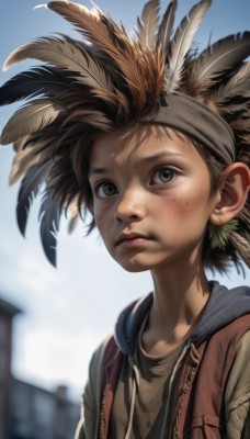 solo,looking at viewer,short hair,brown hair,1boy,brown eyes,closed mouth,upper body,male focus,outdoors,sky,day,hood,blurry,vest,blue sky,lips,hoodie,blurry background,feathers,building,child,freckles,realistic,nose,feather hair ornament,male child,1girl,hair ornament,green eyes,eyelashes,depth of field,headband,portrait