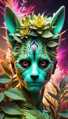 solo,looking at viewer,hair ornament,1boy,animal ears,closed mouth,flower,male focus,outdoors,sky,artist name,cat ears,hair flower,tree,orange eyes,no humans,night,colored skin,leaf,watermark,facial mark,plant,portrait,star (sky),furry,starry sky,furry male,whiskers,brown eyes,yellow eyes,night sky,realistic