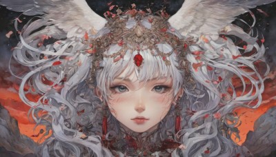 1girl,solo,long hair,looking at viewer,blush,bangs,blue eyes,hair ornament,jewelry,closed mouth,white hair,earrings,outdoors,parted lips,wings,sky,cloud,lips,grey eyes,petals,eyelashes,floating hair,wavy hair,head wings,gem,portrait,star (sky),feathered wings,white wings,red lips,expressionless,crown,wind,messy hair,angel wings,angel,straight-on,red sky