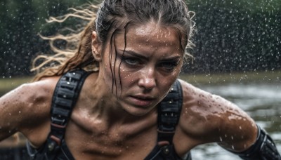 1girl,solo,long hair,looking at viewer,blonde hair,gloves,bare shoulders,collarbone,upper body,sweat,dark skin,blurry,dark-skinned female,lips,wet,grey eyes,snow,snowing,realistic,overalls,dirty,brown hair,suspenders,running