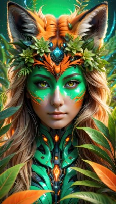 1girl,solo,long hair,looking at viewer,smile,blonde hair,brown hair,animal ears,closed mouth,yellow eyes,upper body,artist name,cat ears,signature,lips,animal ear fluff,fox ears,eyelashes,makeup,glowing,headgear,leaf,watermark,facial mark,plant,slit pupils,portrait,web address,light particles,nose,facepaint,head wreath,hair ornament,green eyes,flower,hair flower,orange hair,close-up,science fiction