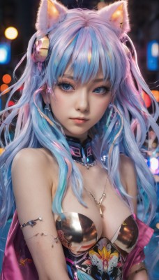 1girl,solo,long hair,breasts,looking at viewer,bangs,blue eyes,hair ornament,animal ears,cleavage,bare shoulders,jewelry,medium breasts,closed mouth,blue hair,upper body,multicolored hair,earrings,choker,cat ears,necklace,blurry,two-tone hair,lips,streaked hair,eyelashes,strapless,bell,detached collar,depth of field,blurry background,jingle bell,armlet,hair bell,realistic,nose,artist name,watermark,cross