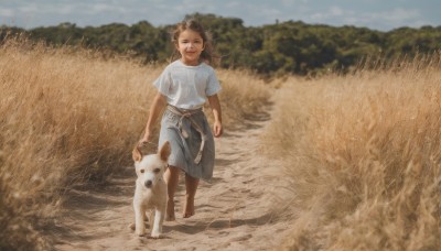 1girl,solo,long hair,looking at viewer,smile,skirt,brown hair,shirt,brown eyes,standing,white shirt,short sleeves,outdoors,sky,barefoot,day,belt,blurry,blue skirt,blurry background,animal,grass,blue shirt,child,freckles,walking,dog,long skirt,realistic,field,petting,holding,tree,blue sky,lips,denim,nature