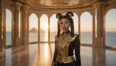 1girl,solo,long hair,looking at viewer,black hair,long sleeves,dress,brown eyes,jewelry,closed mouth,upper body,earrings,indoors,dark skin,hair bun,black eyes,dark-skinned female,lips,double bun,makeup,drill hair,sunlight,lipstick,twin drills,backlighting,gold trim,pillar,egyptian,brown hair,hair ornament,twintails,gem,tiles,tile floor,very dark skin