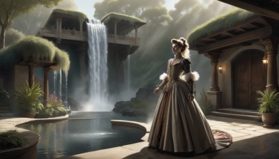 1girl,solo,breasts,short hair,brown hair,long sleeves,dress,jewelry,standing,flower,outdoors,day,puffy sleeves,water,hair bun,tree,sunlight,single hair bun,plant,building,scenery,light rays,fantasy,long dress,potted plant,architecture,sunbeam,pillar,waterfall,arch,fountain,black hair,black dress,nature,bush,updo,gown