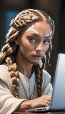 solo,long hair,looking at viewer,blonde hair,brown hair,long sleeves,1boy,brown eyes,jewelry,upper body,braid,male focus,earrings,parted lips,blurry,twin braids,lips,grey eyes,blurry background,facial hair,facial mark,hair over shoulder,beard,freckles,robe,realistic,nose,stubble,computer,dirty,laptop,white robe,multiple braids,1girl,blue eyes,green eyes,artist name,eyelashes,watermark,thick eyebrows,web address,forehead