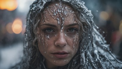 1girl,solo,long hair,looking at viewer,brown hair,brown eyes,outdoors,parted lips,artist name,water,blurry,lips,wet,eyelashes,depth of field,blurry background,portrait,snow,freckles,snowing,realistic,nose,bokeh,black hair,hair ornament,grey hair,dark skin,mole,dark-skinned female,grey eyes,veil,mole under mouth,close-up,mole on cheek