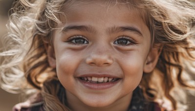 1girl,solo,long hair,looking at viewer,smile,open mouth,blue eyes,blonde hair,brown eyes,teeth,blurry,lips,depth of field,portrait,close-up,curly hair,realistic,nose,grin,eyelashes,parody,messy hair,brown background