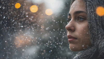 1girl, solo, blue eyes, black hair, blurry, lips, profile, portrait, water drop, snowing, realistic, nose, bokeh