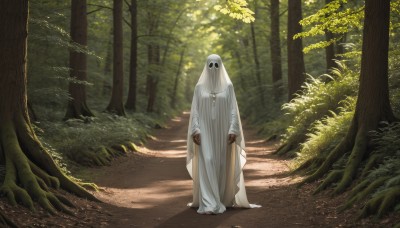 solo,long sleeves,jewelry,standing,full body,outdoors,day,hood,necklace,tree,no humans,sunlight,nature,scenery,cloak,1other,hood up,forest,robe,bush,hooded cloak,1boy,barefoot,facing viewer,ghost costume