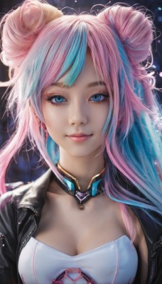 1girl,solo,long hair,breasts,looking at viewer,smile,bangs,blue eyes,cleavage,jewelry,medium breasts,closed mouth,blue hair,collarbone,jacket,upper body,pink hair,multicolored hair,earrings,open clothes,choker,hair bun,two-tone hair,open jacket,lips,streaked hair,black jacket,eyelashes,strapless,double bun,aqua hair,makeup,realistic,nose,k/da (league of legends),artist name,gradient hair,detached collar,zipper,science fiction,pink lips,leather,leather jacket