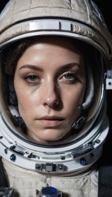 1girl,solo,looking at viewer,brown hair,black hair,closed mouth,lips,eyelashes,helmet,portrait,reflection,realistic,nose,spacesuit,space helmet,astronaut,expressionless,black background,close-up,headset,freckles,science fiction,serious,space