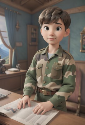 solo,looking at viewer,smile,short hair,brown hair,shirt,long sleeves,1boy,brown eyes,sitting,closed mouth,jacket,male focus,belt,indoors,blurry,uniform,black eyes,book,military,window,military uniform,buttons,blurry background,chair,table,curtains,child,desk,pocket,paper,brown belt,breast pocket,male child,camouflage,military jacket,map,picture (object),lips,thick eyebrows,open book