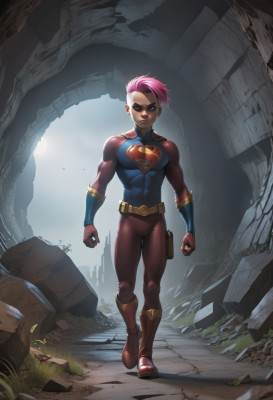 1girl,solo,breasts,looking at viewer,short hair,gloves,brown eyes,jewelry,closed mouth,standing,full body,pink hair,boots,outdoors,belt,dark skin,armor,lips,bodysuit,muscular,scar,knee boots,grass,red footwear,skin tight,scar on face,clenched hands,backlighting,walking,pouch,serious,rock,scar across eye,muscular female,vambraces,very short hair,undercut,ruins,superhero,red bodysuit,earrings,signature,abs,toned,realistic,bracer,debris