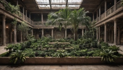 outdoors,day,indoors,tree,no humans,window,sunlight,plant,scenery,stairs,door,potted plant,pillar,ceiling,light,ruins,arch,ceiling light,overgrown