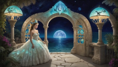 1girl,solo,long hair,breasts,blonde hair,brown hair,dress,cleavage,bare shoulders,medium breasts,flower,outdoors,sky,water,white dress,tree,strapless,night,ocean,moon,tiara,crown,plant,star (sky),night sky,scenery,strapless dress,full moon,starry sky,fantasy,planet,pillar,arch,gown,column,jewelry,sitting,closed eyes,profile,leaf,gem,fountain