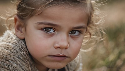 1girl,solo,looking at viewer,short hair,blonde hair,brown eyes,closed mouth,blurry,black eyes,lips,eyelashes,depth of field,blurry background,portrait,close-up,curly hair,realistic,nose,brown hair,artist name,signature,fur trim,watermark,expressionless,serious