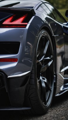 solo,1boy,male focus,outdoors,blurry,no humans,blurry background,ground vehicle,motor vehicle,car,vehicle focus,sports car,realistic,wheel