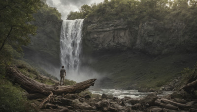 solo, 1boy, standing, male focus, outdoors, sky, cloud, water, from behind, tree, nature, scenery, forest, rock, waterfall, cliff