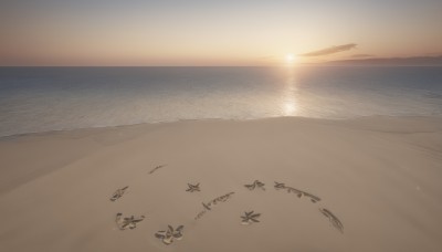 outdoors,sky,water,pokemon (creature),no humans,bird,ocean,beach,scenery,sunset,sand,sun,horizon,waves,crab,shore,footprints,cloud,orange theme