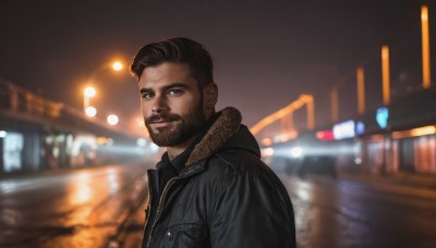 solo,looking at viewer,short hair,brown hair,black hair,1boy,closed mouth,jacket,upper body,male focus,outdoors,hood,blurry,black jacket,fur trim,night,blurry background,facial hair,hood down,hooded jacket,beard,mature male,realistic,mustache,leather,leather jacket,photo background,smile,shirt,brown eyes,dark skin,from side,dark-skinned male