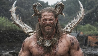 solo,long hair,smile,1boy,jewelry,closed mouth,nipples,closed eyes,upper body,grey hair,male focus,outdoors,wings,horns,blurry,tattoo,muscular,blurry background,facial hair,scar,pectorals,muscular male,facing viewer,beard,snow,mature male,realistic,mustache,old,old man,teeth,day,necklace,grin,depth of field,portrait,topless male,snowing,antlers