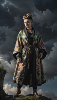 1girl,solo,looking at viewer,brown hair,black hair,long sleeves,brown eyes,jewelry,closed mouth,standing,full body,boots,outdoors,sky,cloud,necklace,hair bun,black eyes,tree,lips,brown footwear,cloudy sky,grass,robe,short hair,male focus,earrings,pants,signature,looking to the side,bird,black pants