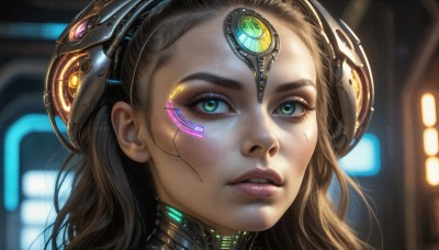 HQ,1girl,solo,long hair,looking at viewer,blonde hair,brown hair,green eyes,parted lips,teeth,blurry,lips,eyelashes,depth of field,blurry background,headgear,portrait,close-up,forehead,freckles,science fiction,realistic,nose,android,cyborg,cyberpunk,makeup,glowing