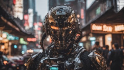 solo,1boy,upper body,male focus,outdoors,solo focus,armor,blurry,depth of field,blurry background,helmet,building,1other,science fiction,city,police,police uniform,power armor,ambiguous gender,lights,cyberpunk,looking at viewer,night,robot,ground vehicle,portrait,motor vehicle,realistic,car,humanoid robot