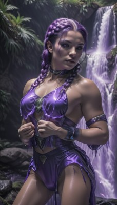 1girl,solo,long hair,breasts,looking at viewer,dress,navel,cleavage,bare shoulders,jewelry,medium breasts,closed mouth,standing,purple eyes,purple hair,braid,multicolored hair,cowboy shot,earrings,outdoors,parted lips,choker,artist name,signature,dark skin,water,twin braids,bracelet,dark-skinned female,lips,wet,sideboob,nature,purple dress,armlet,realistic,nose,purple lips,waterfall,multiple braids,pantyhose,shorts,shiny