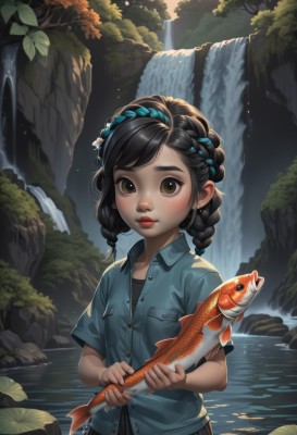 1girl,solo,long hair,looking at viewer,blush,bangs,skirt,brown hair,shirt,black hair,hair ornament,holding,brown eyes,closed mouth,standing,braid,short sleeves,multicolored hair,cowboy shot,pleated skirt,outdoors,parted lips,collared shirt,artist name,black skirt,water,twin braids,tree,lips,night,buttons,animal,leaf,watermark,blue shirt,child,nature,web address,wading,forest,freckles,fish,pocket,nose,unbuttoned,red lips,female child,breast pocket,holding animal,river,waterfall,pond,bow,twintails,jewelry,upper body,hair bow,earrings,rock,lily pad,goldfish,stream,koi